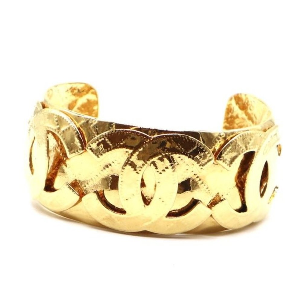 #45896 Gold Extremely Rare Cc Woven Cutout Cuff Bangle Bracelet - Picture 1 of 10
